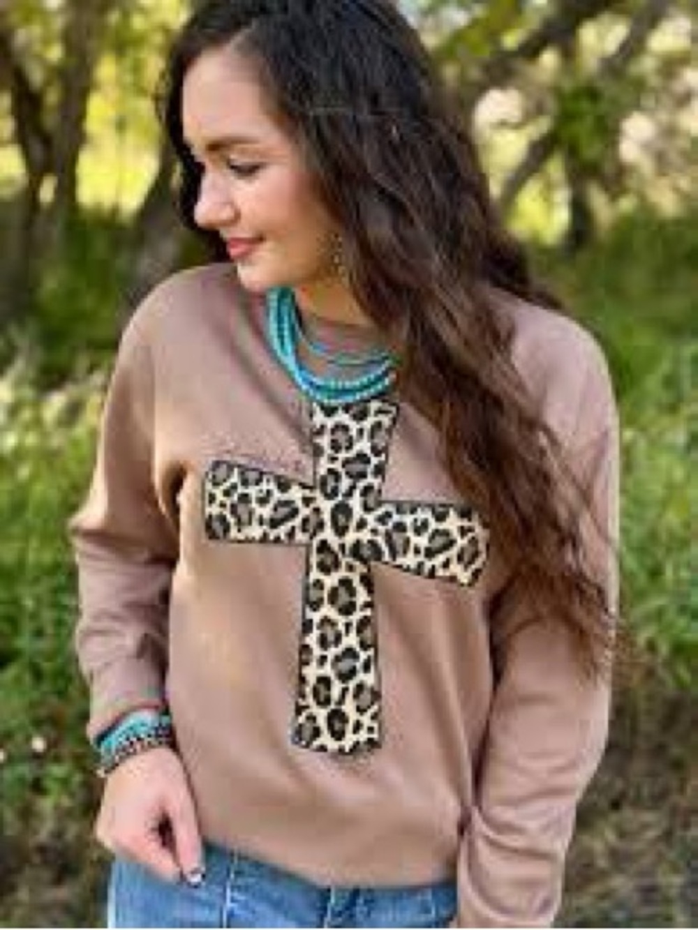 NWOT Leopard Cross Crewneck Sweater in Taupe